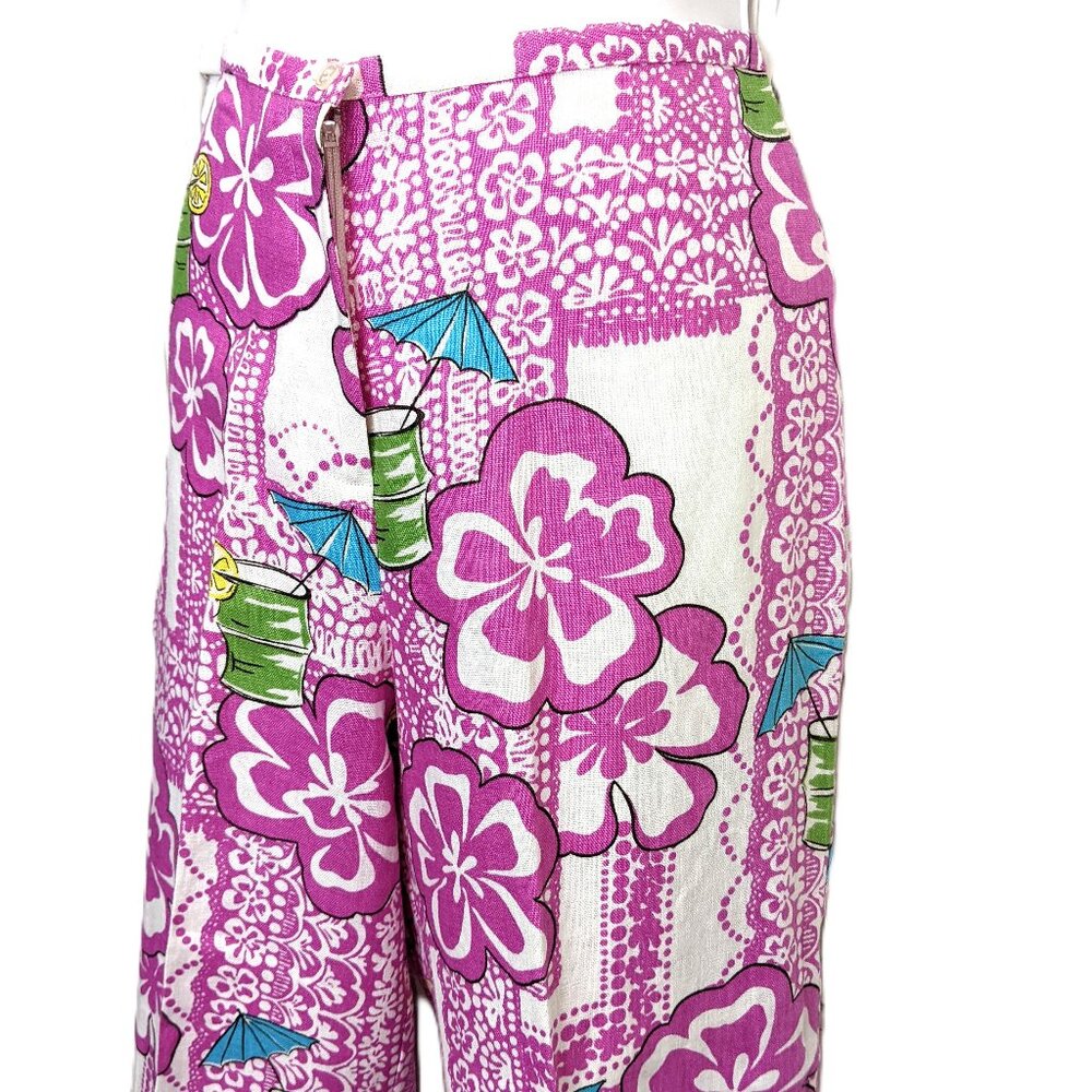 Pink Tropical Hawaiian Linen Pants Dandy by randi m. Cropped Size Small Loud
